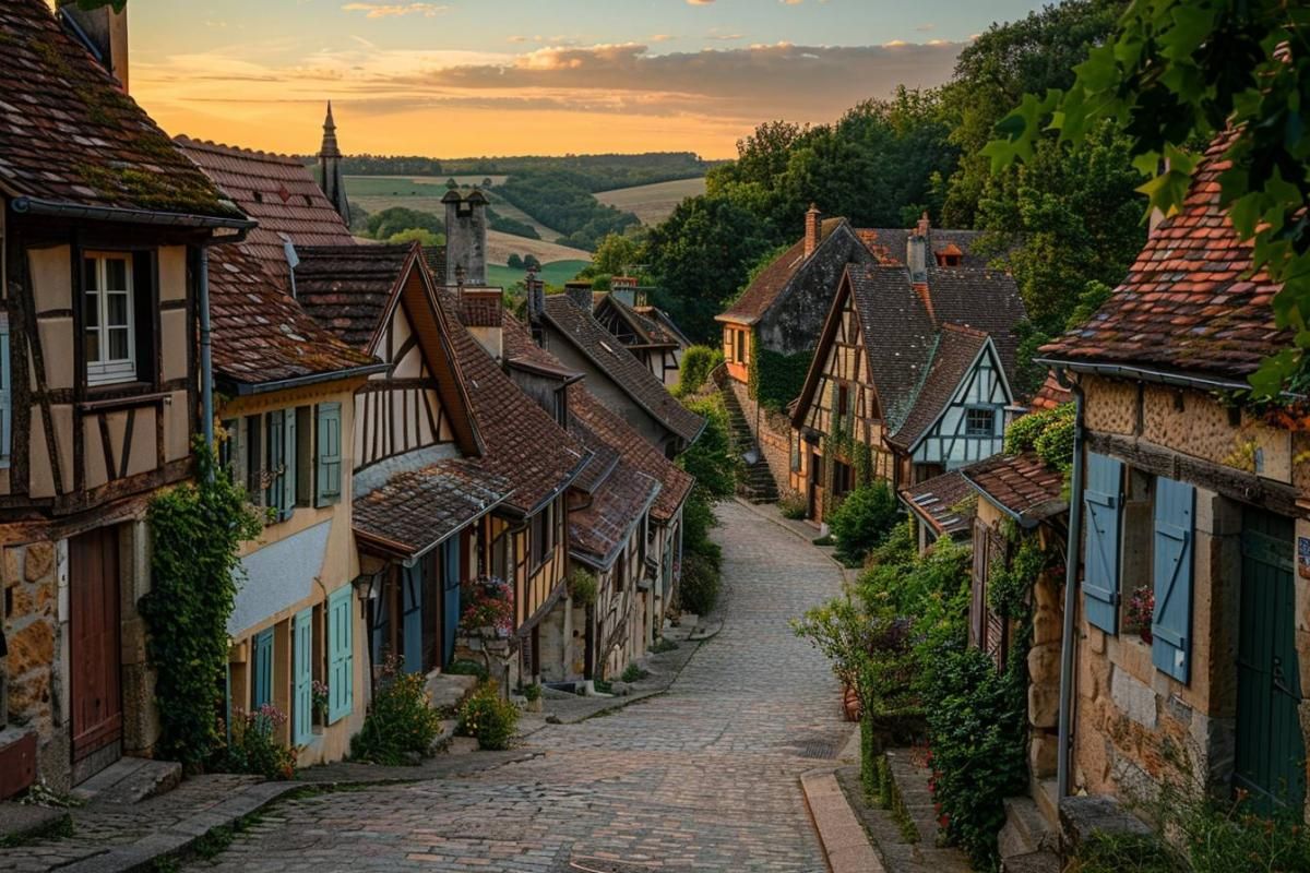 Ruelle pavée bordée de maisons à colombages dans un village de l'Yonne au coucher du soleil